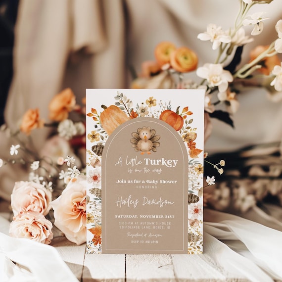 A Little Turkey Baby Shower Invitation Template | Editable Little Turkey is on the Way Fall Thanksgiving Baby Shower Invite S733