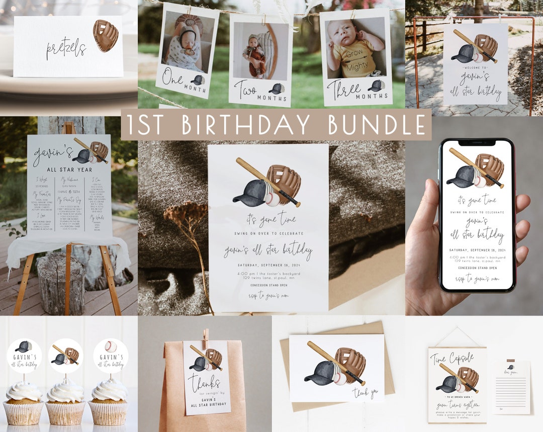 Baseball 1st Birthday Bundle Editable Templates | Rookie Year First ...