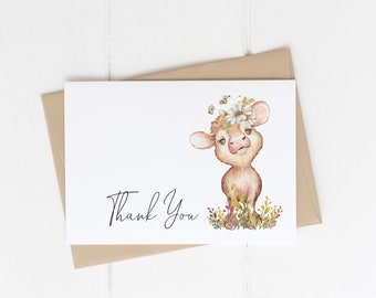 Cow Thank You card Printable Editable Template | Girl Farm Baby Shower Thank You card Cow Baby Sprinkle S226