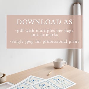 May include: Three blue and white baby shower invitations with the text "Sip + See" and "Baby Thunder" printed on them. The invitations are on a wooden table with a cup and pencil.