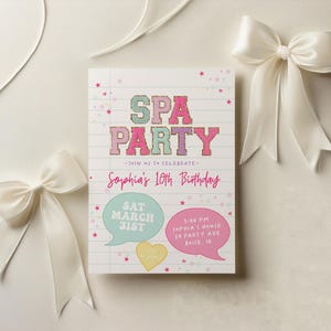 Spa Party Birthday Invitation Template | Editable Preppy Patch Letters Girl Spa Birthday Party Invite DIY S729