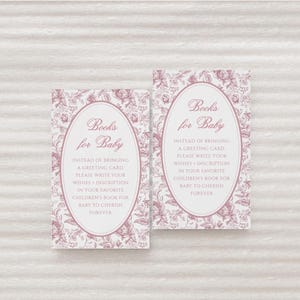 Różowe książki Chinoiserie dla niemowląt Baby Shower Wkładka Szablon | Edytowalna dziewczyna Toile de Jouy Przynieś książkę Baby Shower Karta S787