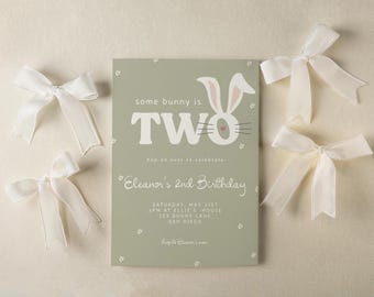 Some Bunny is TWO Birthday Invitation - Editable Template | DIY Girl Bunny 2nd Birthday Printable Invite | Rabbit Hop TWO it Birthday S838