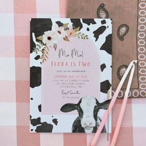 Holy Cow Birthday Invitation Template | Moo Moo I&#39;m Two Farm Girl 2nd Bday Party Editable Invite S413
