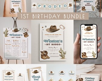 1st Rodeo Birthday Bundle Editable Template Set | Our Little Cowboy is One Package | Western First Rodeo Birthday Decor S571