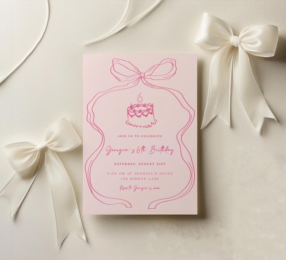 Bow 6th Birthday Invitation Template in Preppy Pink | Editable Hand Drawn Coquette Girly Bow Sixth Birthday Party Invite DIY S681