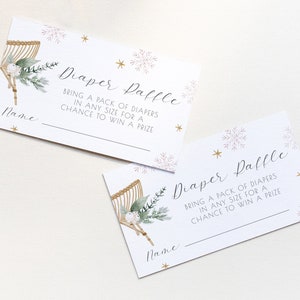Winter Windel Raffle Ticket bearbeitbare Vorlage | Mädchen Baby es ist kalt draußen Babyparty druckbar | Schneeflocke Krippen-Babystreuer S360