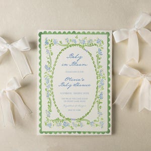 Modello di invito per baby shower floreale vintage / Invito per baby shower Grandmillennial con motivo floreale blu e verde modificabile S865