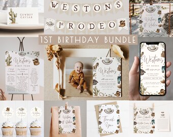 Boy 1st Rodeo Birthday Bundle Editable Template Set | Little Cowboy is One Invitation | Western First Rodeo Birthday Decor Package S473