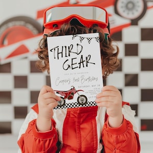 Third Gear Birthday Invitation - Editable Template | DIY Red Dirt Bike 3rd Birthday Invite | Racing Third Bday S493