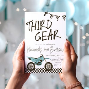 Third Gear Birthday Invitation Template | Editable Dirt Bike 3rd Birthday Invite | Racing Third Bday S479