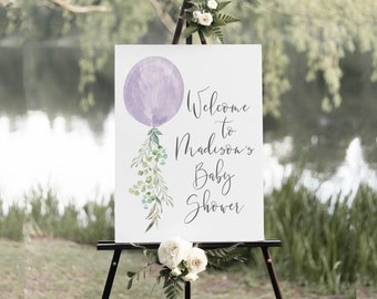 Purple Balloon Baby Shower Welcome Sign Ready to Pop | Girl Lavender Balloon Birthday Decor | Editable Template S217