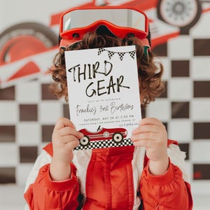 Invitation d'anniversaire de voiture de course 3e vitesse - modèle modifiable | Invitation d'anniversaire DIY Third Gear S439