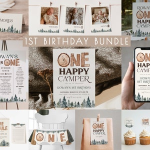 ONE Happy Camper 1st Birthday Bundle | Editable One Happy Camper Rustic Invitation & Decor Boy First Birthday Template Package S391
