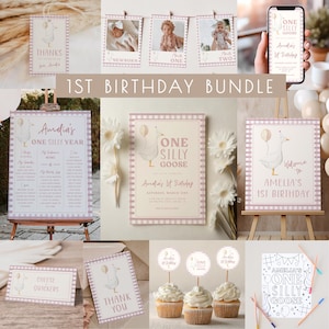 One Silly Goose Birthday Template Bundle | Editable Goose Invitation & Decor 1st Birthday Templates for Girl First Birthday Package S716