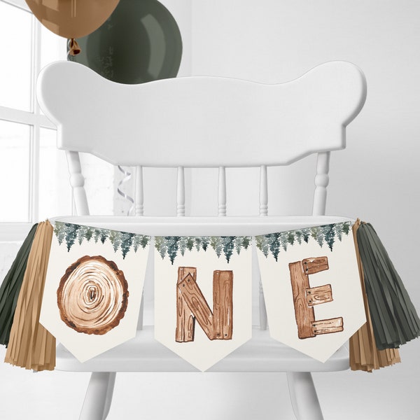 Ein glücklicher Camper-Hochstuhl-Banner-Vorlage | Bearbeitbar Unser kleiner Camper ist ONE Rustic Birthday Printable Wimpel Banner Decor S391