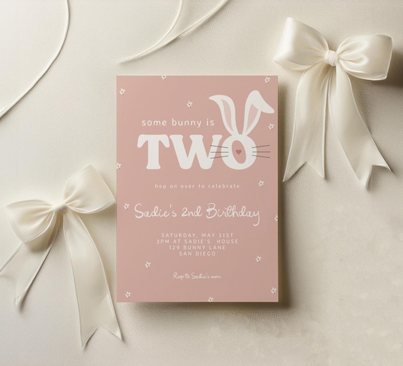 Some Bunny is TWO Birthday Invitation - Editable Template | DIY Girl Bunny 2nd Birthday Printable Invite | Rabbit Hop TWO it Birthday S837