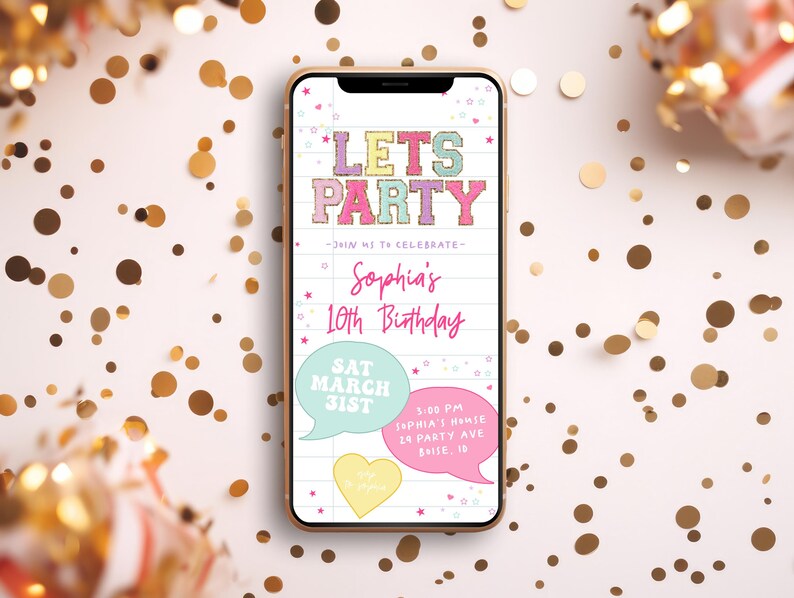 Preppy Patch Letters Birthday Text Invitation Template Editable Girl