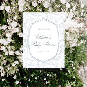 Blue ToileWelcome Sign Template for Baby Shower | EditableToile de Jouy Baby Shower Decor | DIY Chinoiserie Poster Printable S806