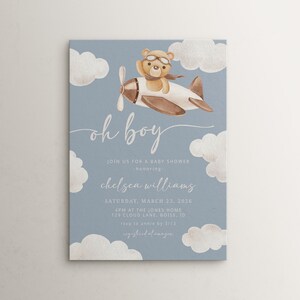 Editable Bear Baby Shower Invitation Template | Airplane Pilot Bear Baby Shower Printable Invite | Oh Boy Aviator Bear Invitation S528