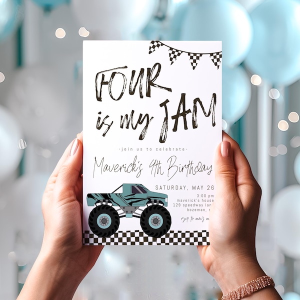 Invito di compleanno a tema Monster Truck / Invito di compleanno a tema Monster Truck modificabile per il 4° compleanno / Invito di compleanno a tema corse per il 4° compleanno S816
