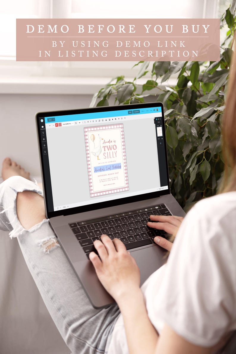 May include: A laptop computer displaying a pink and white printable invitation with a cartoon goose and the text "Anda is Two Silly". The invitation is for a second birthday party.