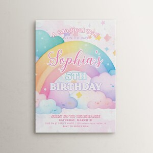 May include: A rainbow-themed birthday invitation for Sophia's 5th birthday. The invitation features a rainbow with clouds and stars, and the text "A Magical Day is on the Way Sophia's 5th Birthday". It also includes the date and time of the party, as well as the address and RSVP information.