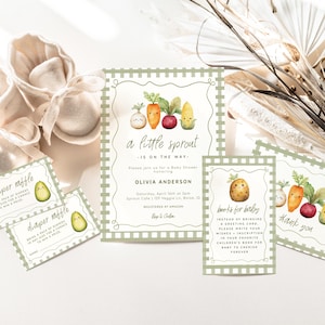May include: A set of baby shower invitations with a green and white gingham pattern. The invitations feature a cute illustration of vegetables with faces, including a carrot, a potato, a turnip, and a corn cob. The text on the invitations reads "a little sprout is on the way" and "books for baby".
