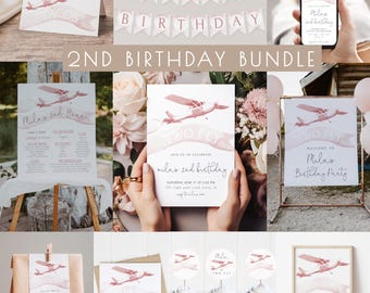 Paquete de cumpleaños de avión para niña de 2 años en rosa / Plantillas editables de invitación y decoración "Dos vuelos" / Paquete de cumpleaños de avión para niña S286