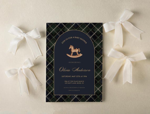 Plaid Baby Shower Invitation Template - Editable Rocking Horse Baby Shower Invite - Heritage Americana Neutral Digital Download S935
