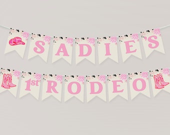 1st Rodeo Birthday Banner Template | Editable Disco Cowgirl 1st Birthday Printable Pendant Western Sign | Pink First Birthday Decor S536