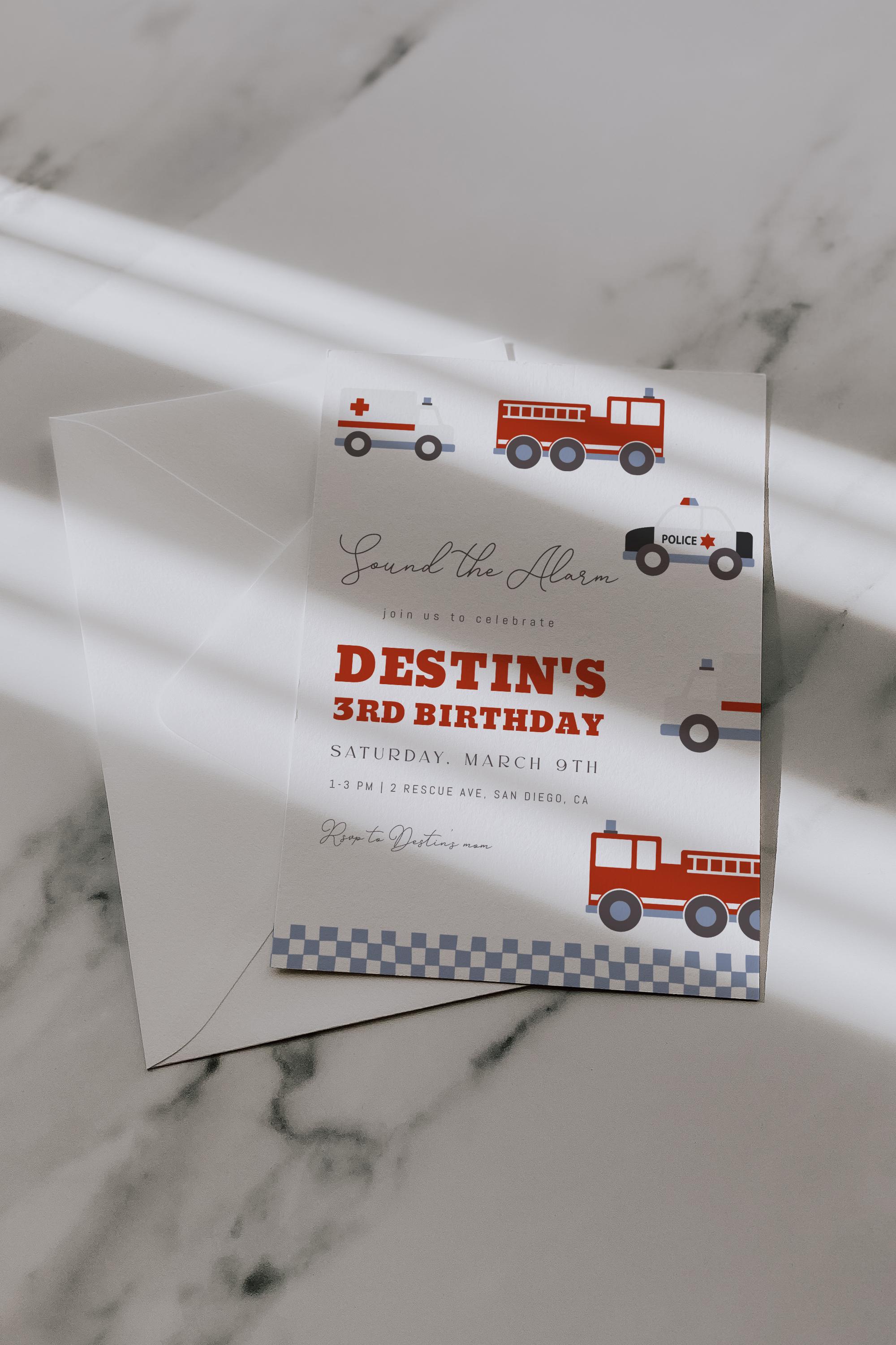 Emergency Vehicle 3rd Birthday Invitation Template | Editable Sound the ...