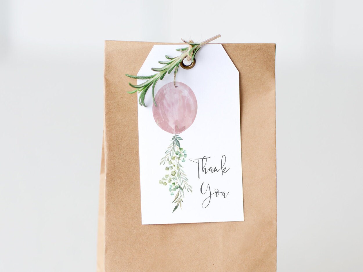 Pink Balloon Thank You Favor Tag | Floral Balloon Birthday Printable Insert | Girl Baby Shower Editable Template  | S110