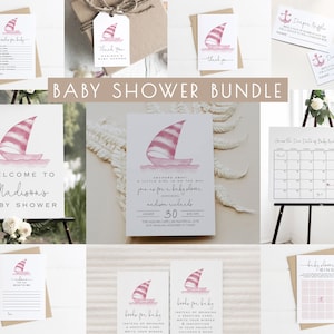 Pink Nautical Baby Shower Set Editable Invitation Bundle  | Girl Sailboat Package Template S140