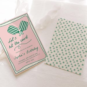 May include: Pink and green birthday party invitation with a graphic of two paddleball rackets. The text reads "Let's hit the court, Please join us to celebrate Sophie's 3rd Birthday, Saturday, May 26th at 12pm, The Wildwood Courts 120 Nice Lane Boise, ID, RSVP to Sophia".