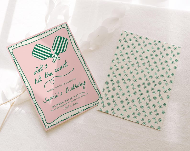 May include: Pink and green birthday party invitation with a graphic of two paddleball rackets. The text reads "Let's hit the court, Please join us to celebrate Sophie's 3rd Birthday, Saturday, May 26th at 12pm, The Wildwood Courts 120 Nice Lane Boise, ID, RSVP to Sophia".
