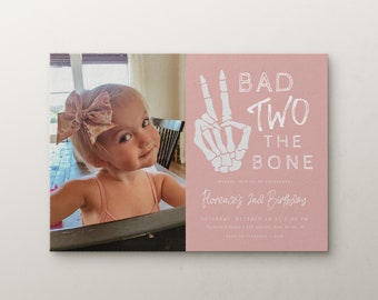 Bad Two the Bone 2nd Birthday Picture Invitation Template | Fall Girl Second Birthday Editable Photo Invite Skeleton Peace Hand S367