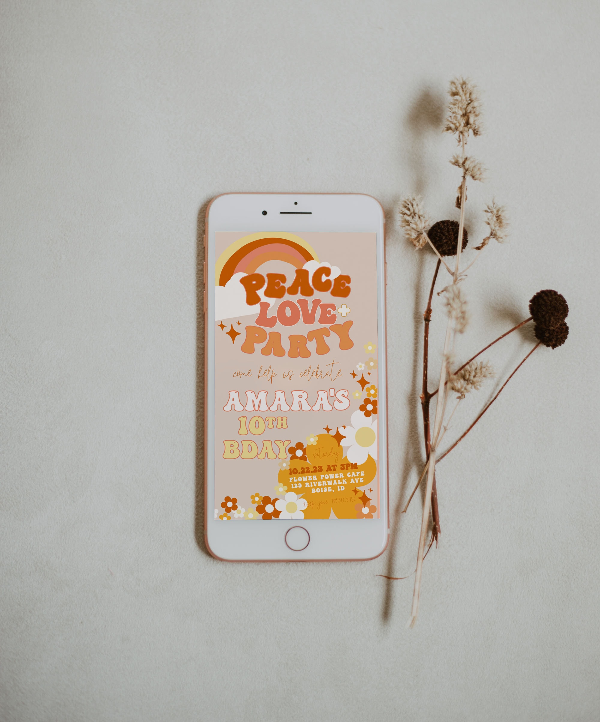 Peace Love Party Birthday Text Invitation Template Paperless Flower Power 70s Theme Girl Bday Party Hippie Invite Editable