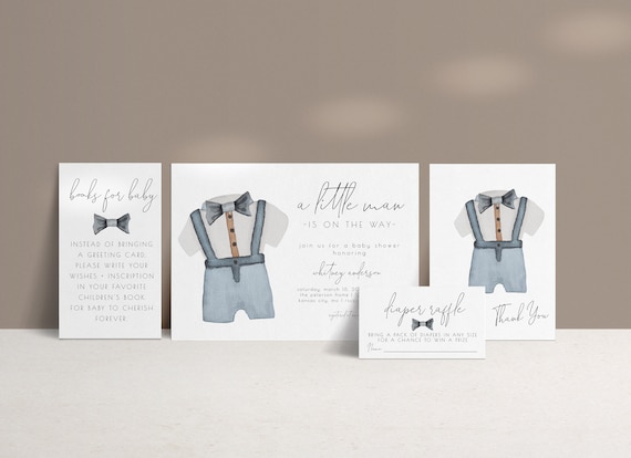Little Man Baby Shower Package Editable Invitation Set  | Bowtie Boy Baby Sprinkle Bundle Printable Templates S188