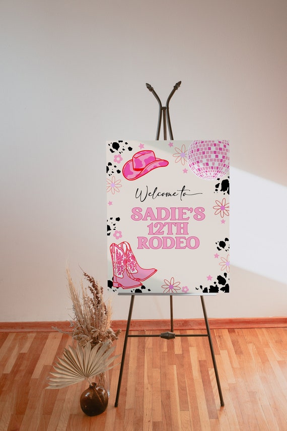 Cowgirl Birthday Welcome Sign | Editable Disco Cowgirl Teen Birthday Party Welcome Decor | Hot Pink Rodeo Sign Template S536