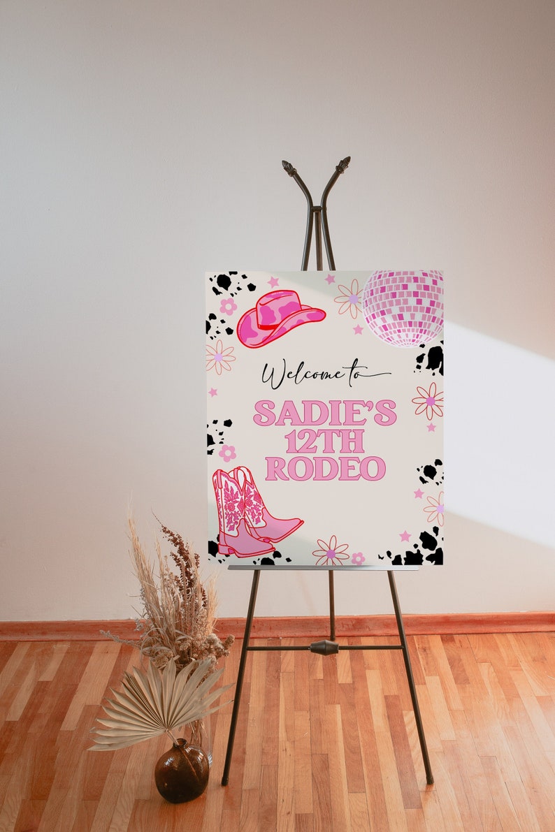 editable disco rodeo welcome sign template in hot pink