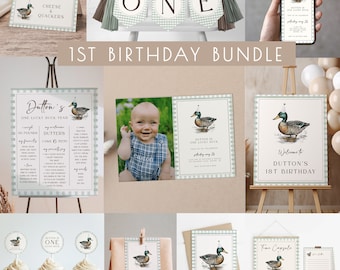 One Lucky Duck Birthday Bundle | Editable Green Duck Invitation & Decoration 1st Birthday Templates for Boy First Birthday Package S585