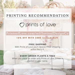 May include: The image features a white and pink graphic with the text "PRINTING RECOMMENDATION" and "prints of love." It also includes a website address and a promotional offer. The background shows a blurred floral arrangement and decorative elements.