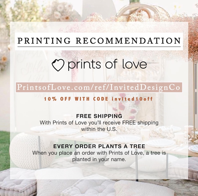 May include: The image features a white and pink graphic with the text "PRINTING RECOMMENDATION" and "prints of love." It also includes a website address and a promotional offer. The background shows a blurred floral arrangement and decorative elements.