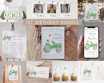 Tractor 1st Birthday Bundle Templates | Editable Start Your Tractor Boy First Birthday Decor Package | First Birthday Set S476