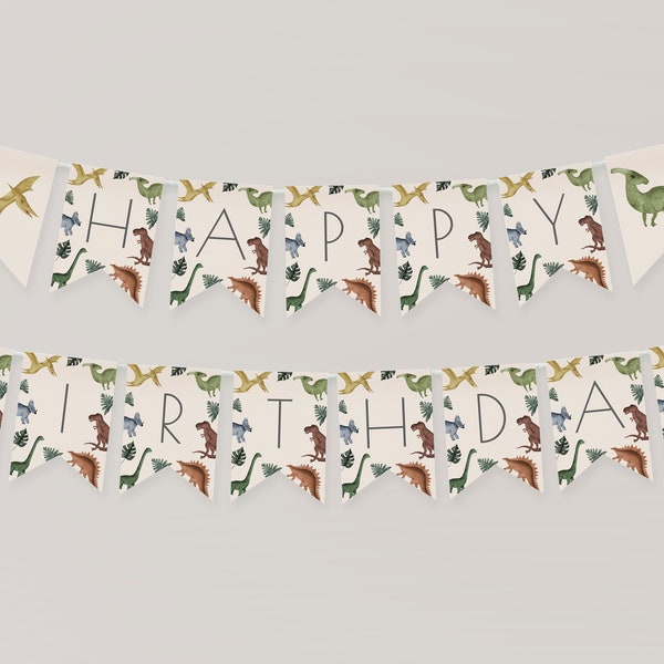 Dinosaur Happy Birthday Banner Template | Dino Birthday Printable Pennant Sign Editable Bday Decor S230