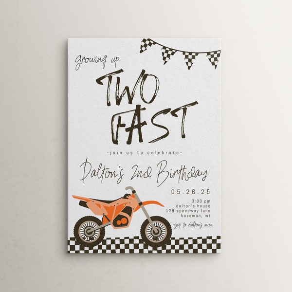 Editable Dirt Bike Birthday Invitation Template | TWO Fast Orange Bike Racing 2nd Birthday Invite | Growing Up Two Fast Second Birthday S396