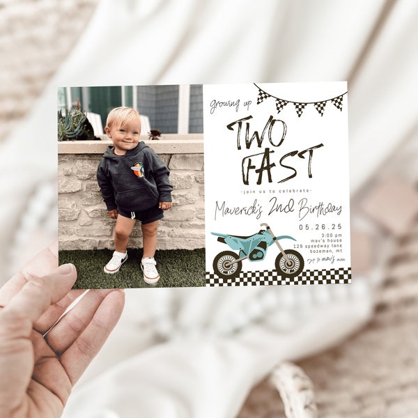 Dirt Bike 2nd Birthday Invitation Template with Picture | TWO Fast Editable Racing Second Bday Invite | Boy Growing Up 2 Fast S479