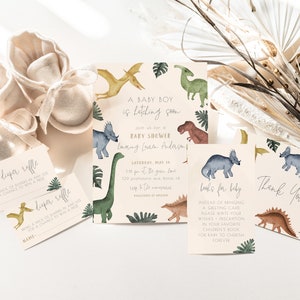 Dinosaur Baby Shower Bundle Editable Templates | A Baby is Hatching Dino Baby Shower Printable Package Set S230