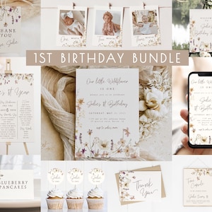 Wildflower 1st Birthday Bundle Editable Templates | Floral Girl Our Little Wildflower is ONE First Birthday Invitation Decor Package S457